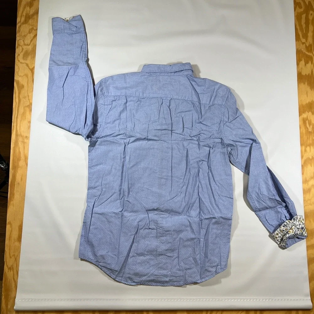 Denim & Flower Button Down Mens Medium Blue Polka‎ Dot Floral Cuff Dapper Shirt